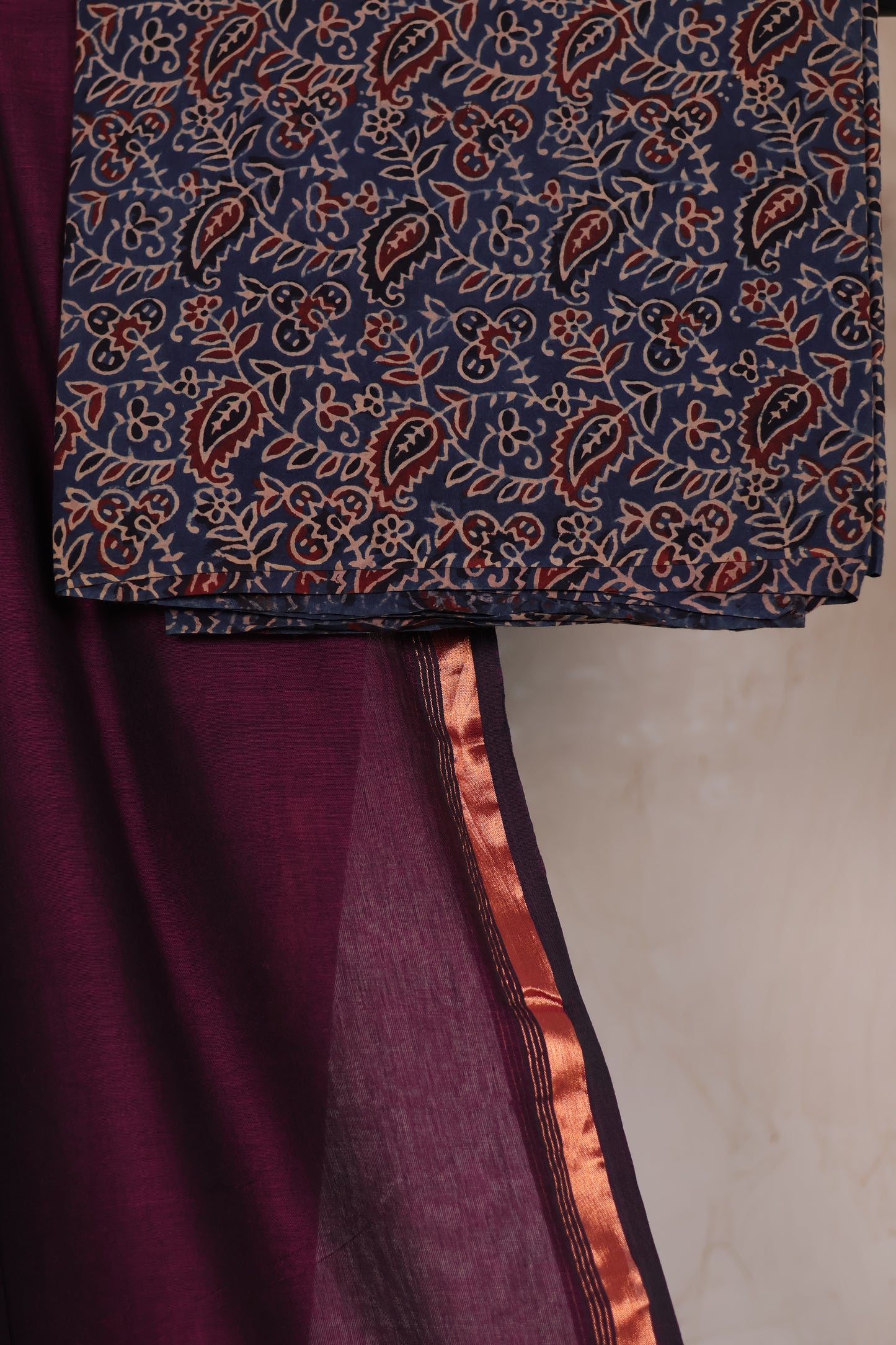 Handwoven Malai Cotton Saree with Sequence Work with Ajrakh blouse piece
