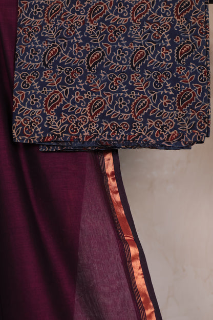 Handwoven Malai Cotton Saree with Sequence Work with Ajrakh blouse piece