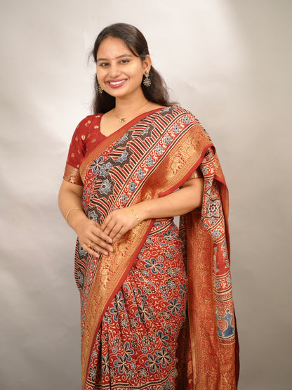 Red Ajrakh Handblock printed Dola Silk Saree | Looms & Tassels