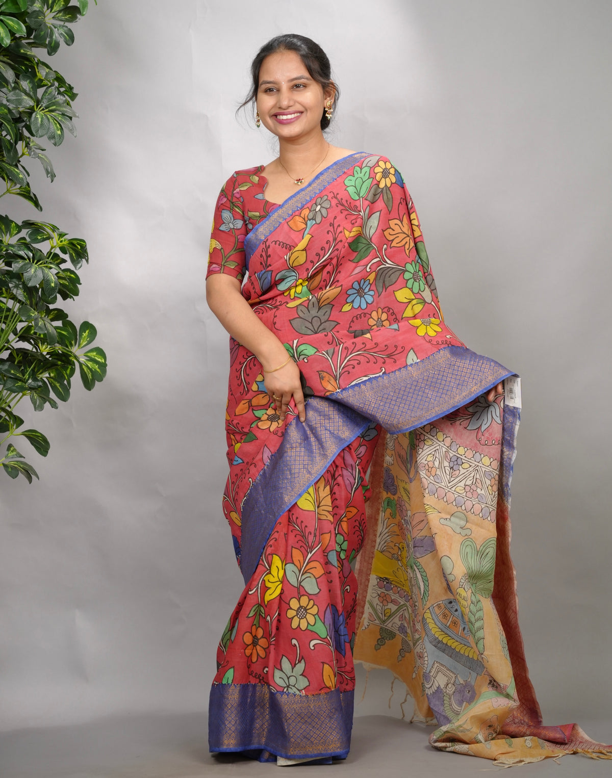 Pink Hand Drawn Pen Kalamkari Bangalore Silk Kanchi Border Saree | Looms & Tassels