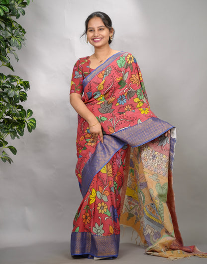 Pink Hand Drawn Pen Kalamkari Bangalore Silk Kanchi Border Saree | Looms & Tassels