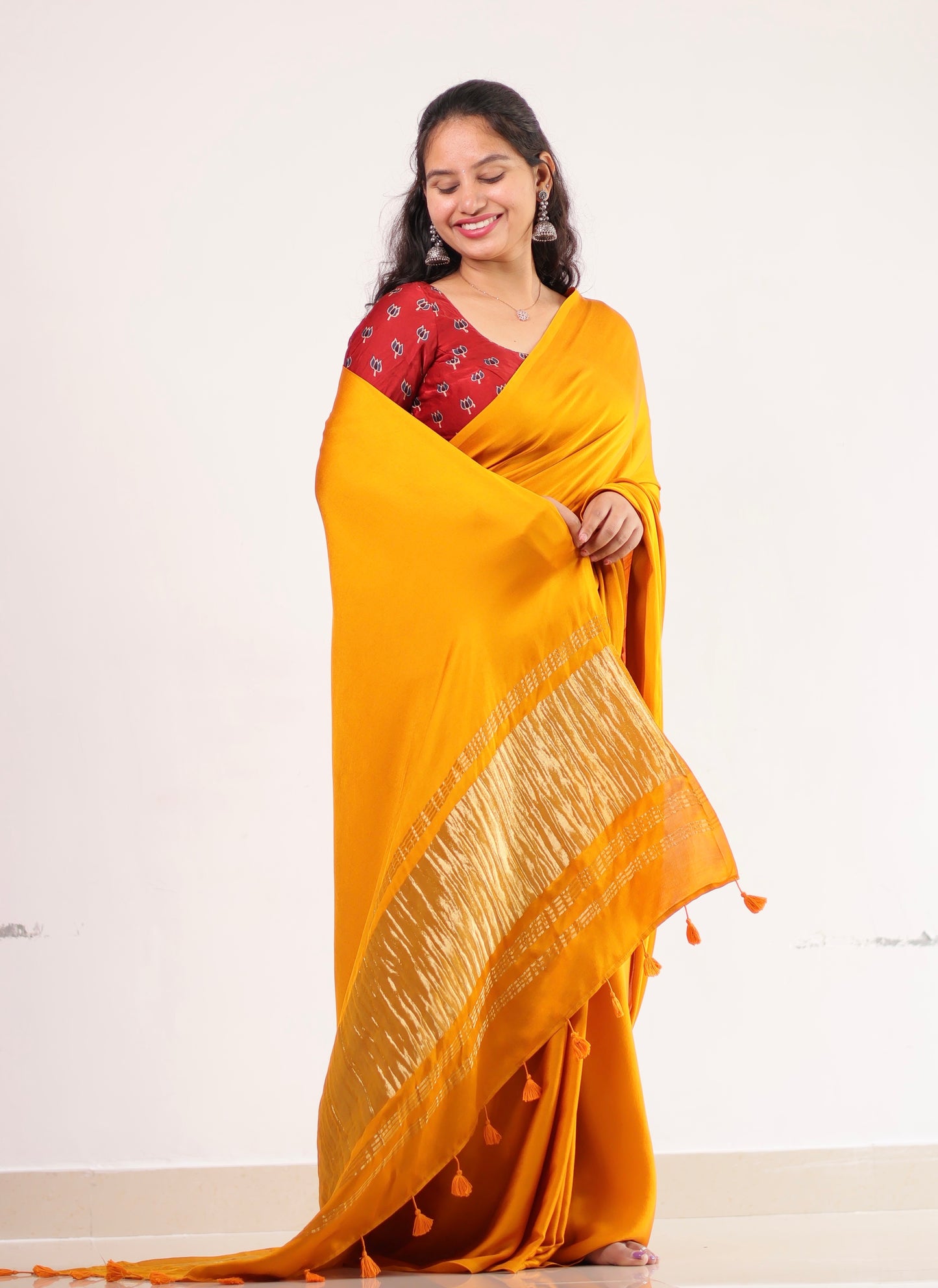 Mustard Plain Modal Silk Saree