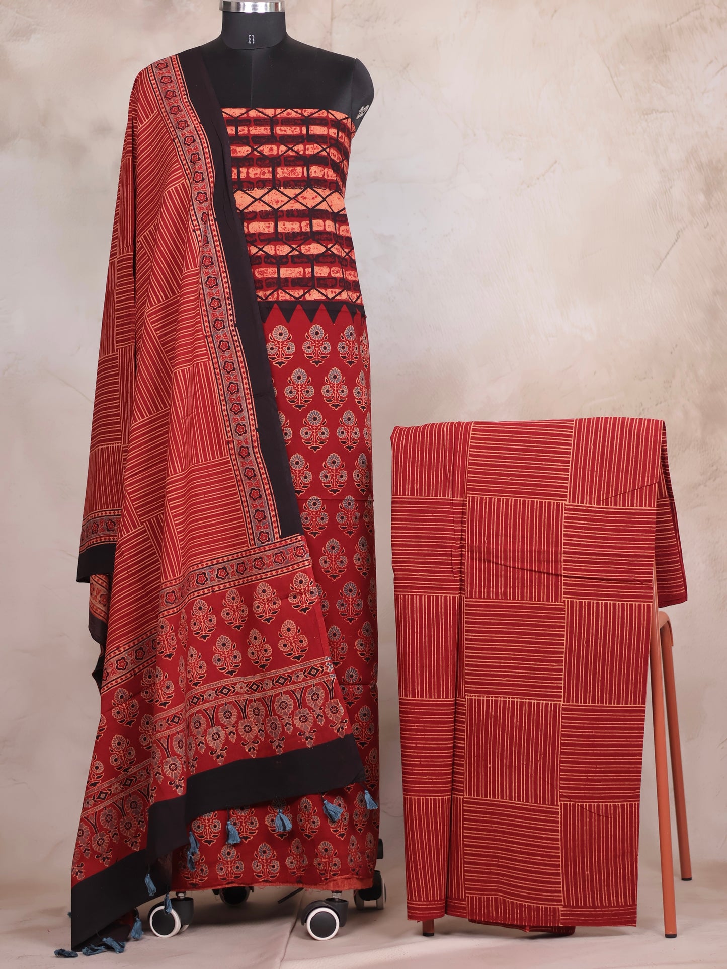 Maroon Ajrakh Handblock Printed Pure Cotton 3 piece suit set | Looms & Tassels