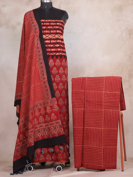 Maroon Ajrakh Handblock Printed Pure Cotton 3 piece suit set | Looms & Tassels