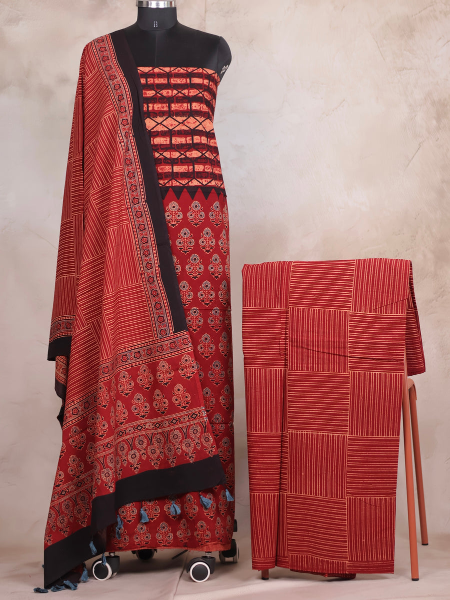 Maroon Ajrakh Handblock Printed Pure Cotton 3 piece suit set | Looms & Tassels