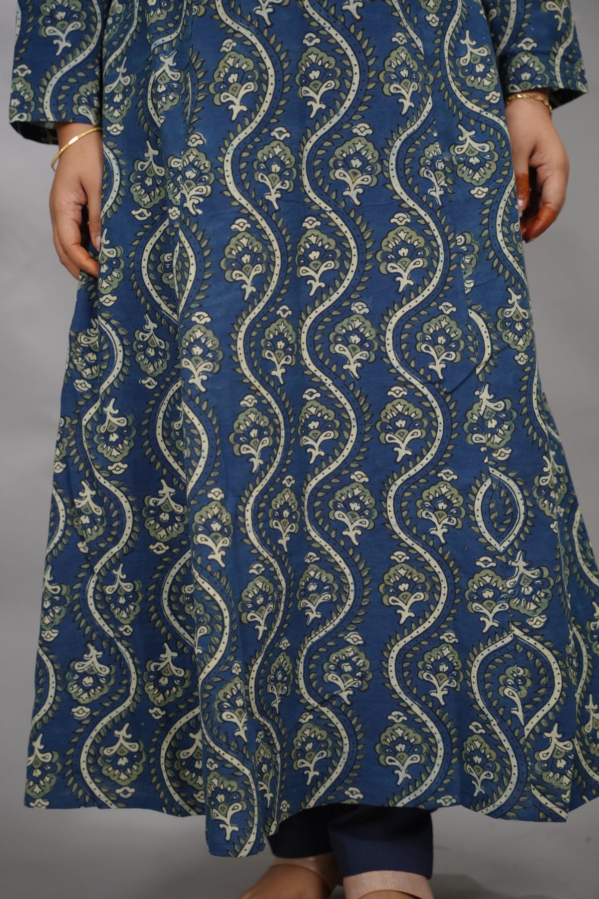 Indigo Ajrakh Cotton Kali Kurta | Looms & Tassels