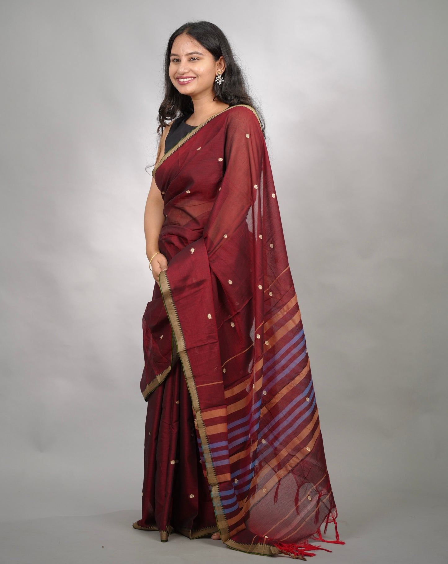 Maroon Narayanpet Cotton Saree With Butta Weaving | Looms & Tassels