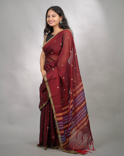 Maroon Narayanpet Cotton Saree With Butta Weaving | Looms & Tassels