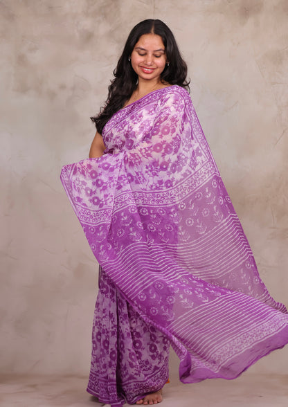 Purple Chiffon Hand Block Printed Saree | Looms & Tassels