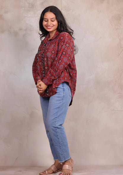 Red Ajrakh Handblock Printed Patch Work Shirt (Pure Cotton ) | Looms & Tassels
