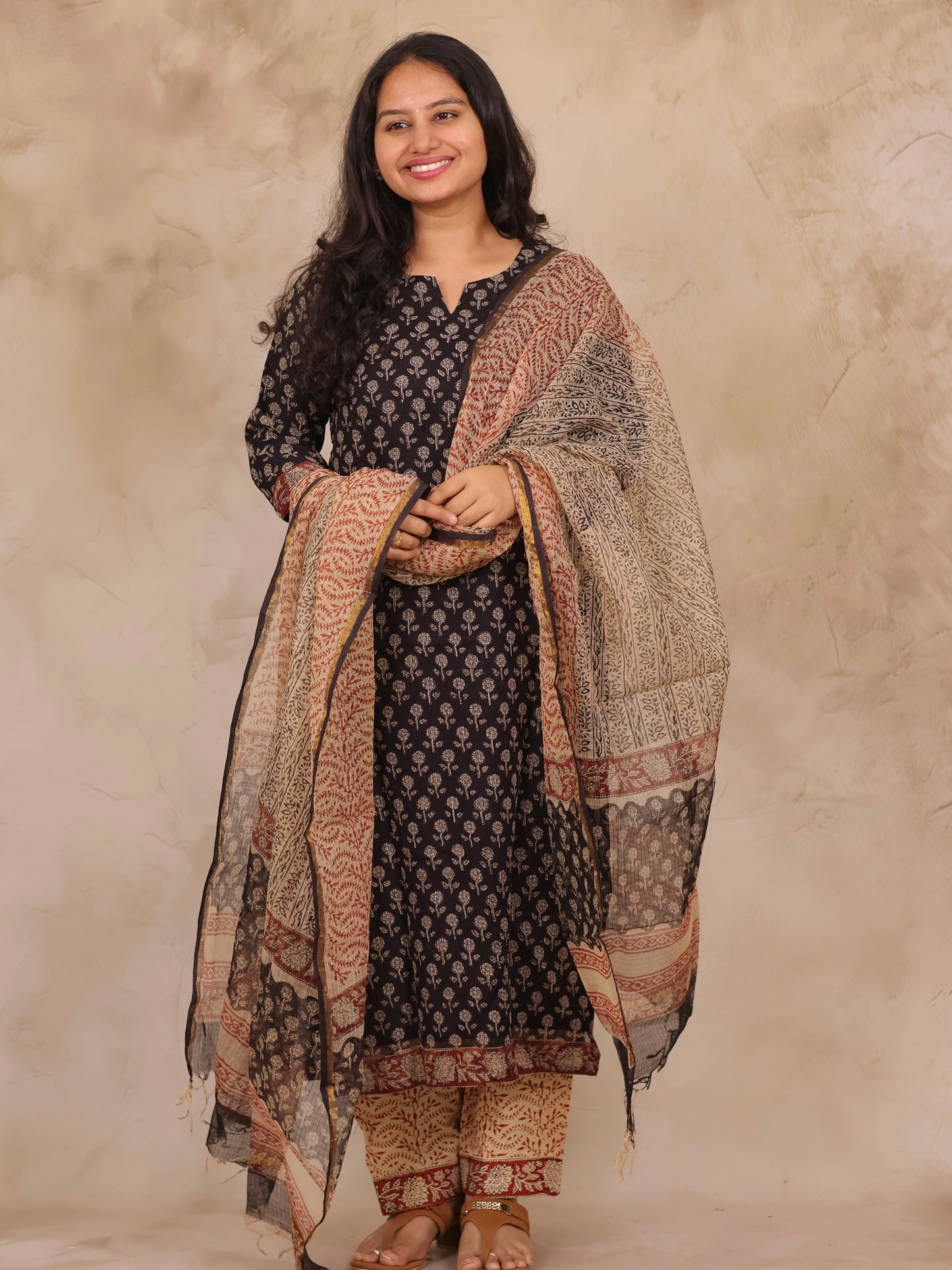 Black Handblock printed kota 3 piece suit (stitched)