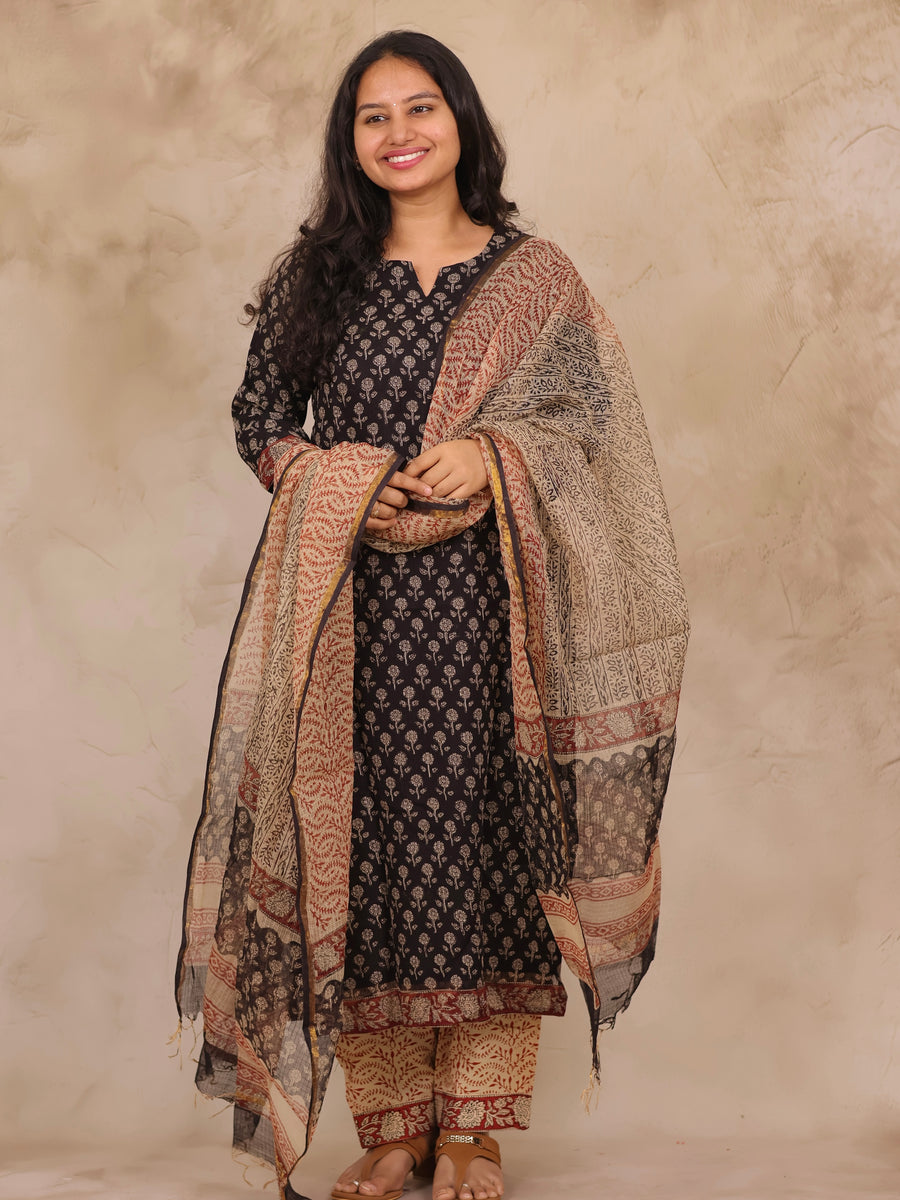 Black Handblock printed kota 3 piece suit (stitched)