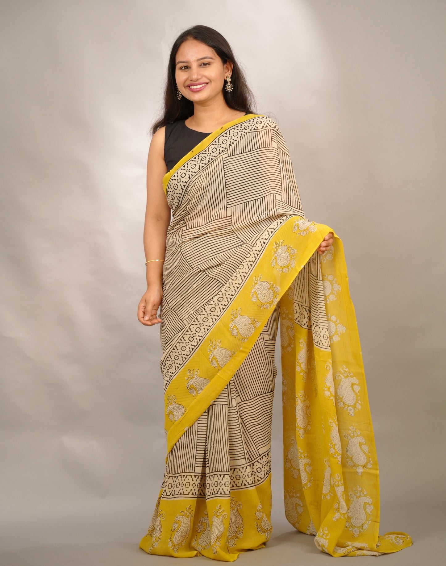 Cream & Yellow Georgette Hand Block Printed Saree| Looms & Tassels