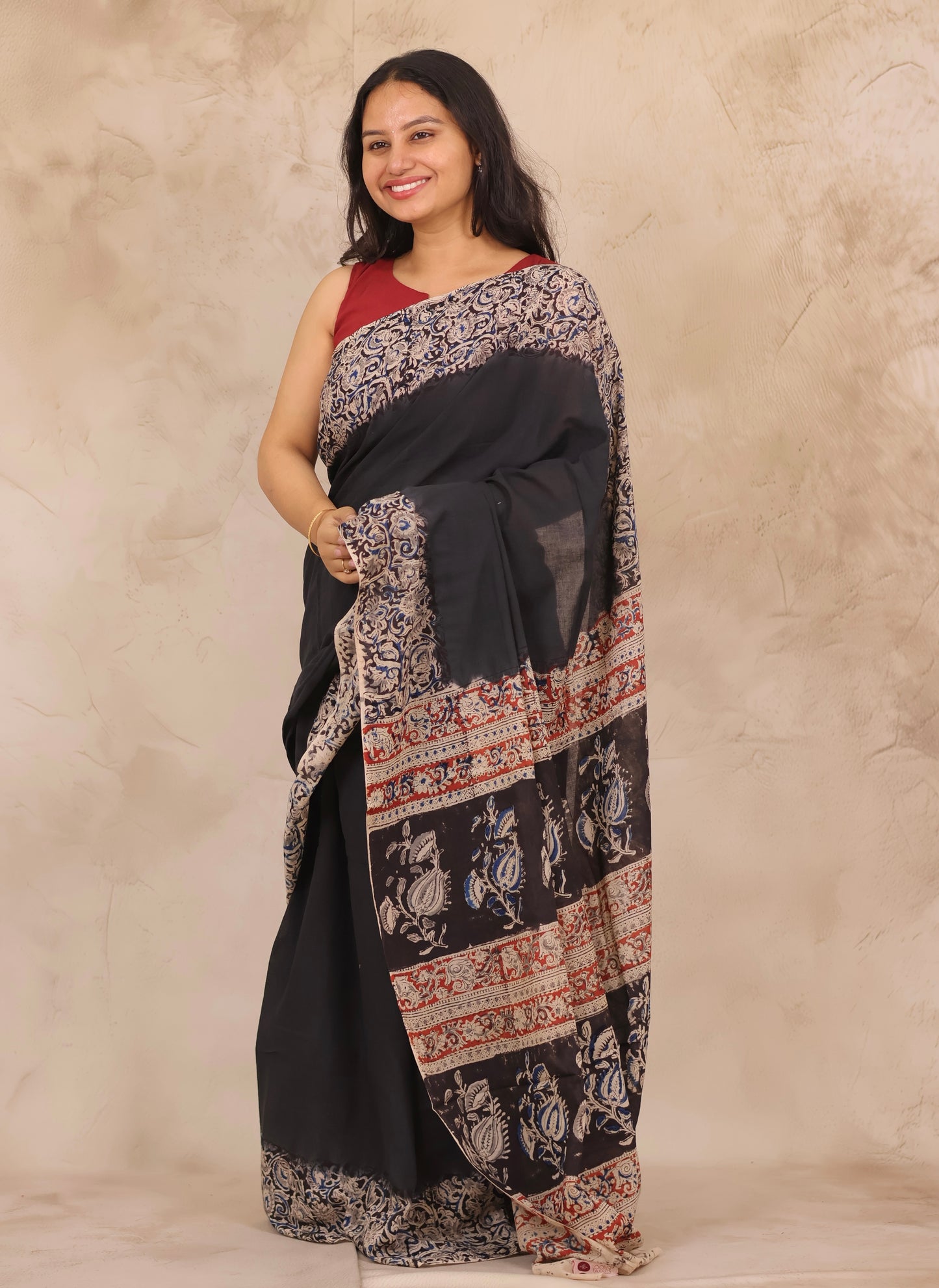 Black Hand Block Printed Kalamkari Cotton Saree | Looms & Tassels