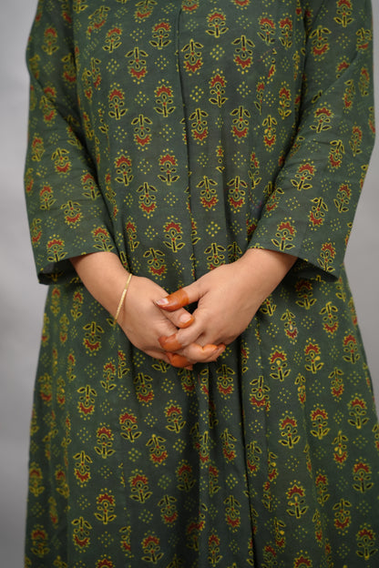Green Ajrakh Cotton Kali Kurta | Looms & Tassels