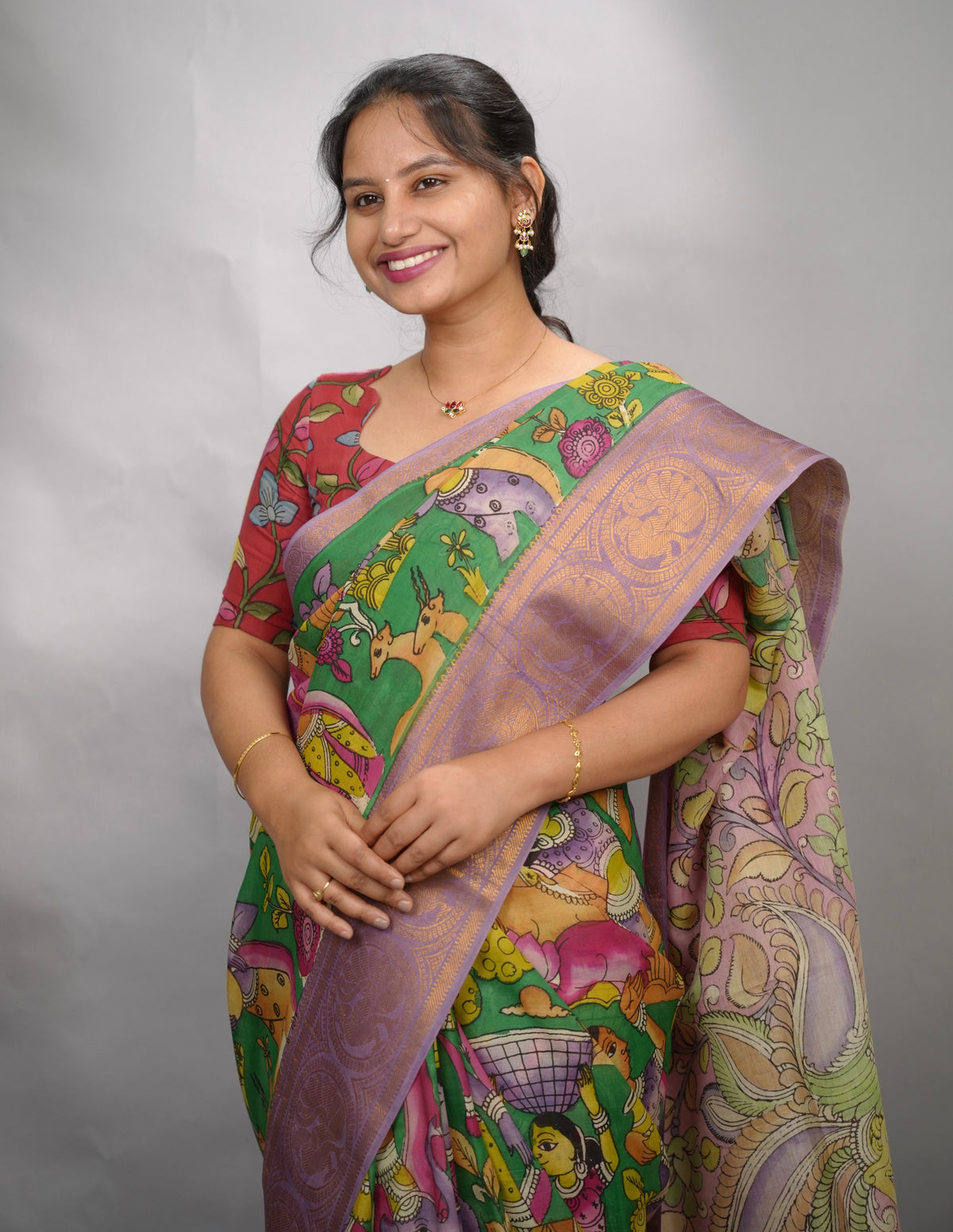Green Hand Drawn Pen Kalamkari Bangalore Silk Kanchi Border Saree | Looms & Tassels