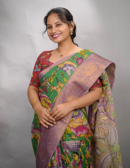 Green Hand Drawn Pen Kalamkari Bangalore Silk Kanchi Border Saree | Looms & Tassels