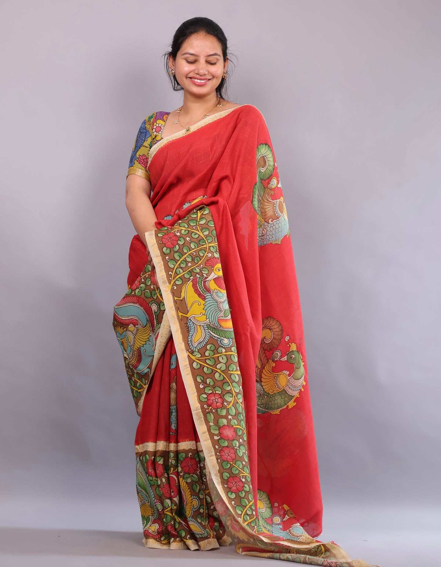 Red Hand Painted Pen Kalamkari Bangalore Silk Saree with Sungdi Borders