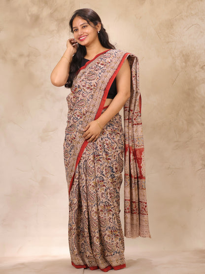 Cream Hand Block Printed Kalamkari Cotton Saree | Looms & Tassels