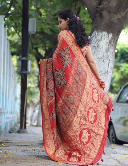 Black & Red Ajrakh Dola Silk Saree