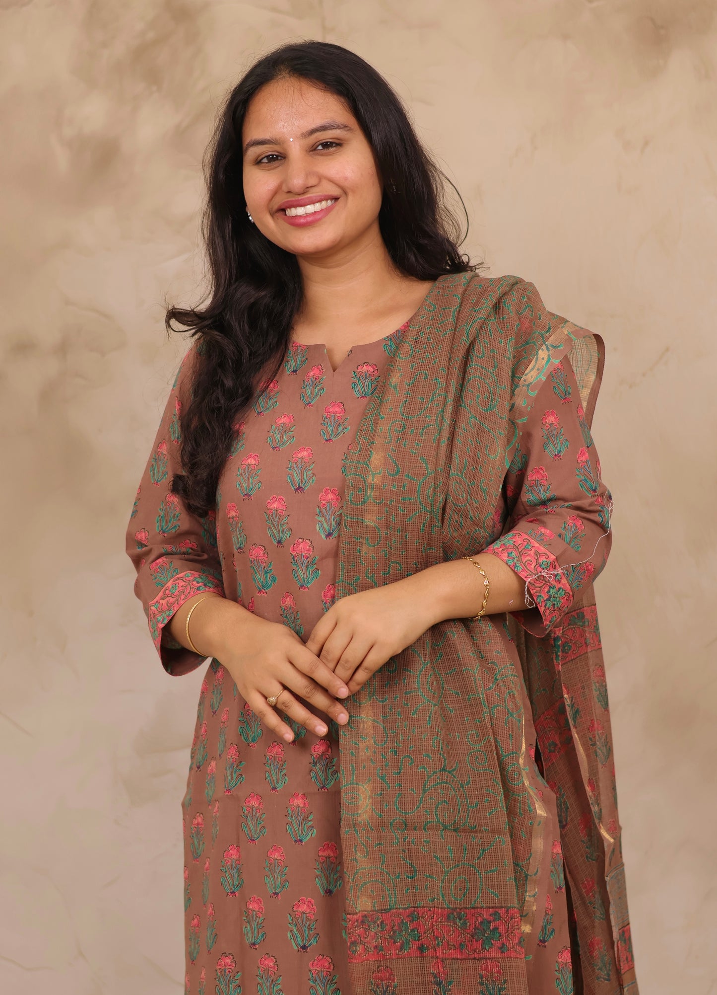 Brown Handblock printed Pure Mul Cotton with Kota Doria Duppata 3 piece suit (stitched)