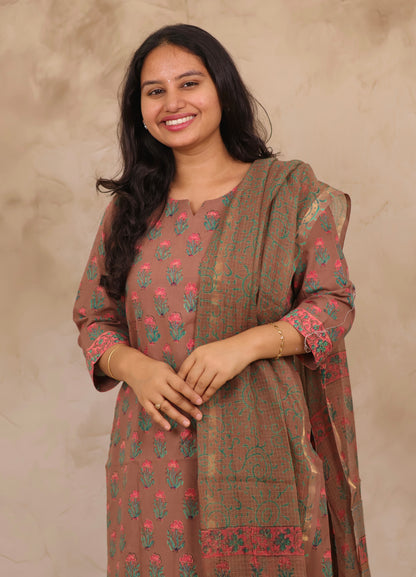 Brown Handblock printed Pure Mul Cotton with Kota Doria Duppata 3 piece suit (stitched)