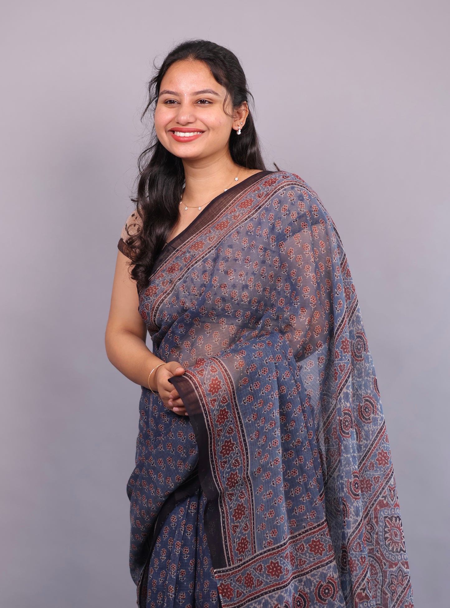 Indigo Ajrakh Hand Block Printed Kota Doria Saree | Looms & Tassels