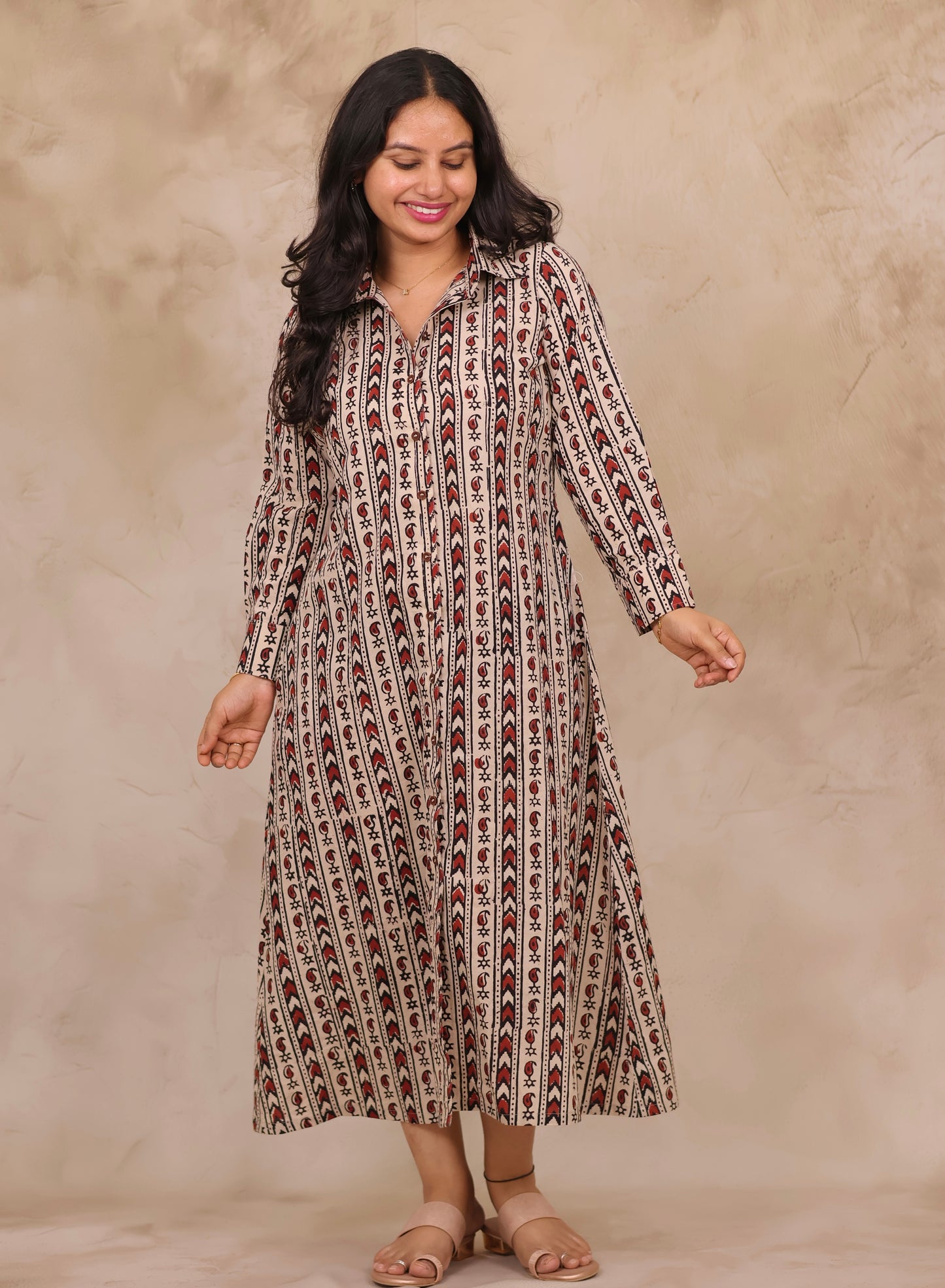 Cream Hand Block Printed Pure Mul Cotton A-Line Shirt Dress | Looms & Tassels