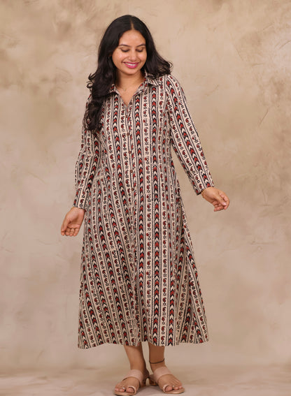 Cream Hand Block Printed Pure Mul Cotton A-Line Shirt Dress | Looms & Tassels