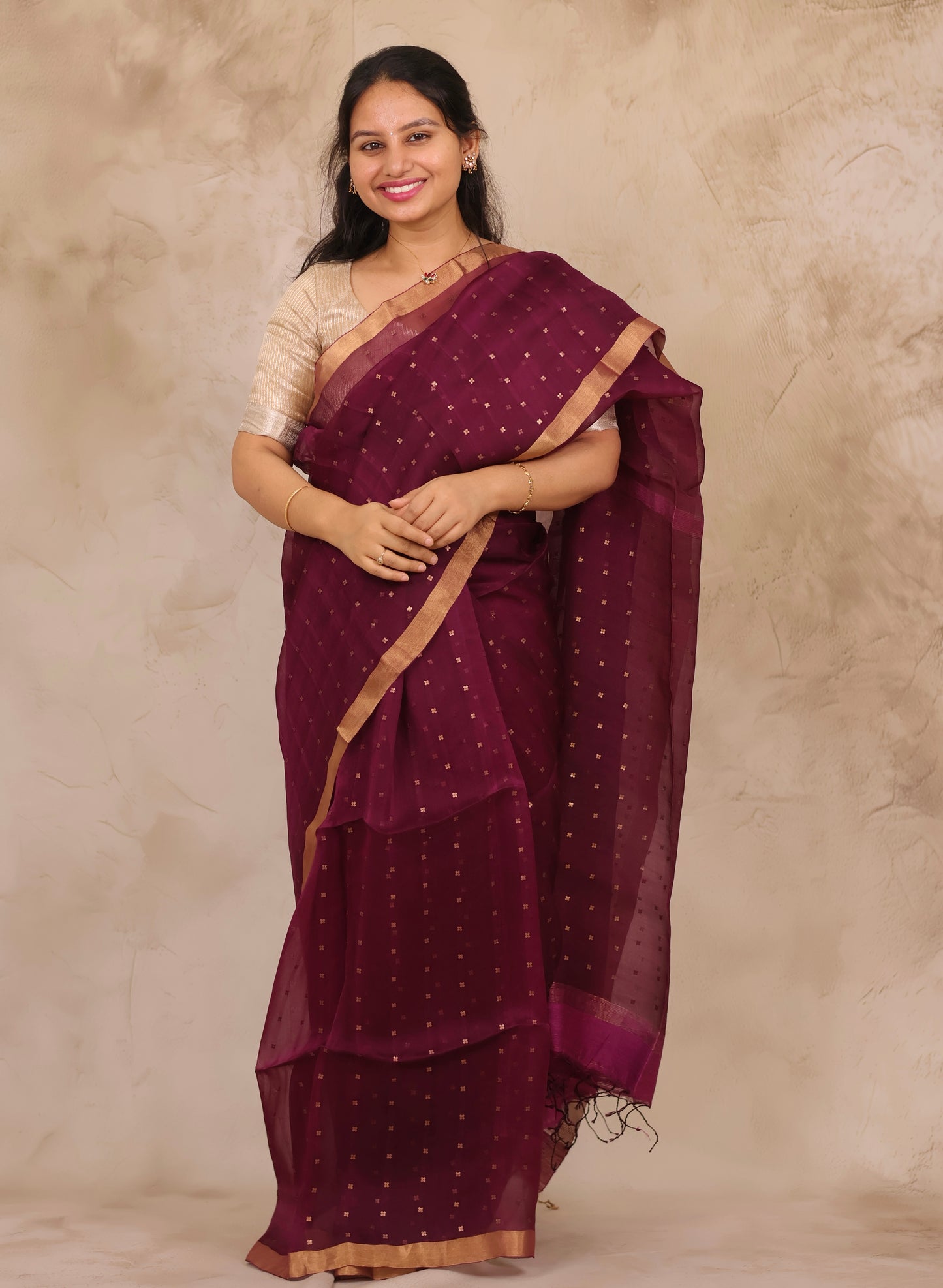 Wine Handwoven Muslin Silk Saree With Sequence Work | Looms & Tassels