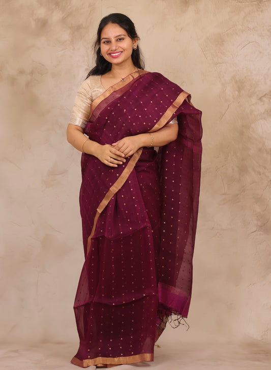 Wine Handwoven Muslin Silk Saree With Sequence Work | Looms & Tassels