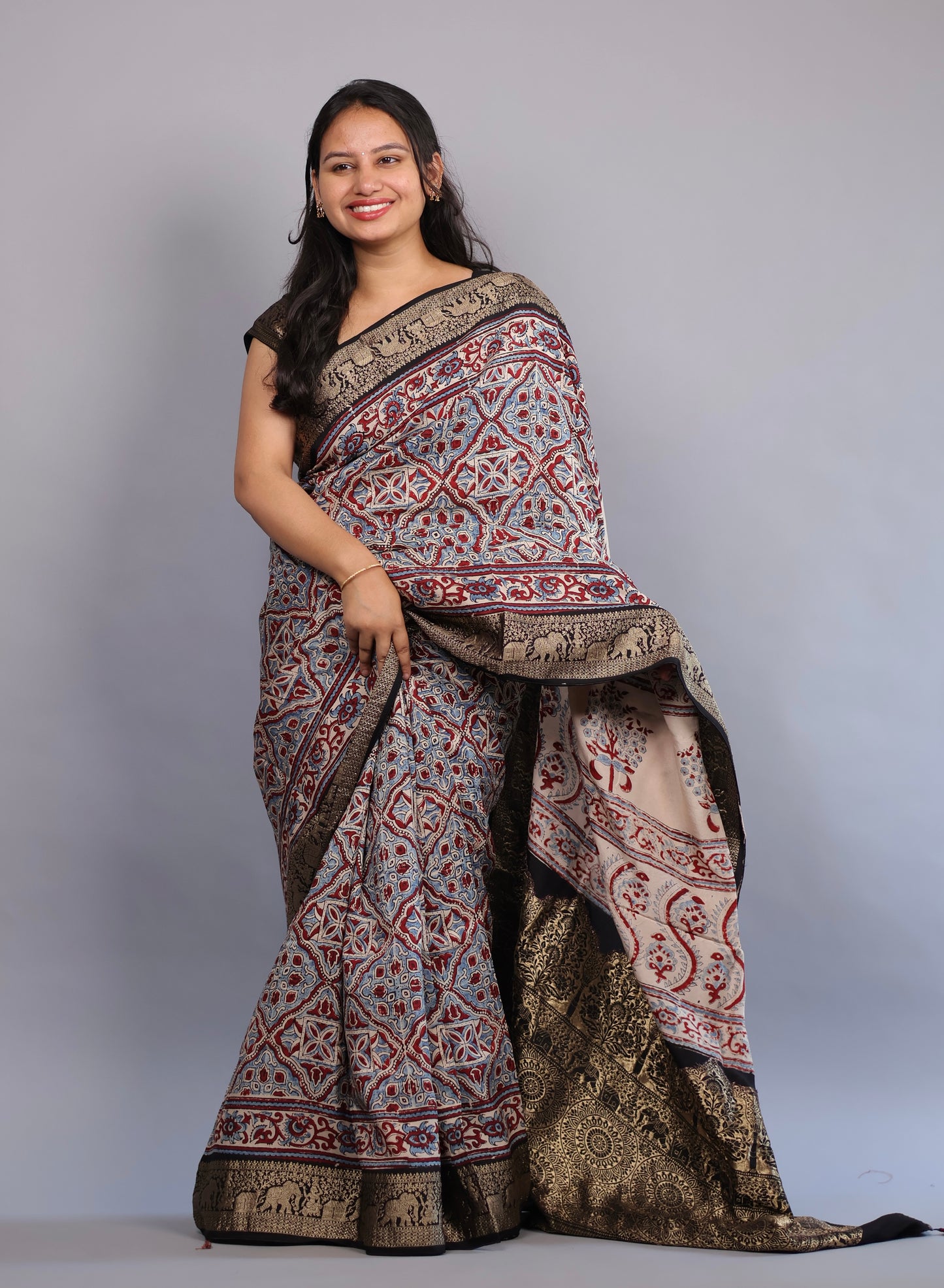 Cream Geometrical & Floral Ajrakh Motifs Handblock printed Dola Silk Saree | Looms & Tassels