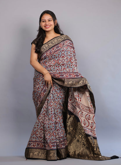 Cream Geometrical & Floral Ajrakh Motifs Handblock printed Dola Silk Saree | Looms & Tassels