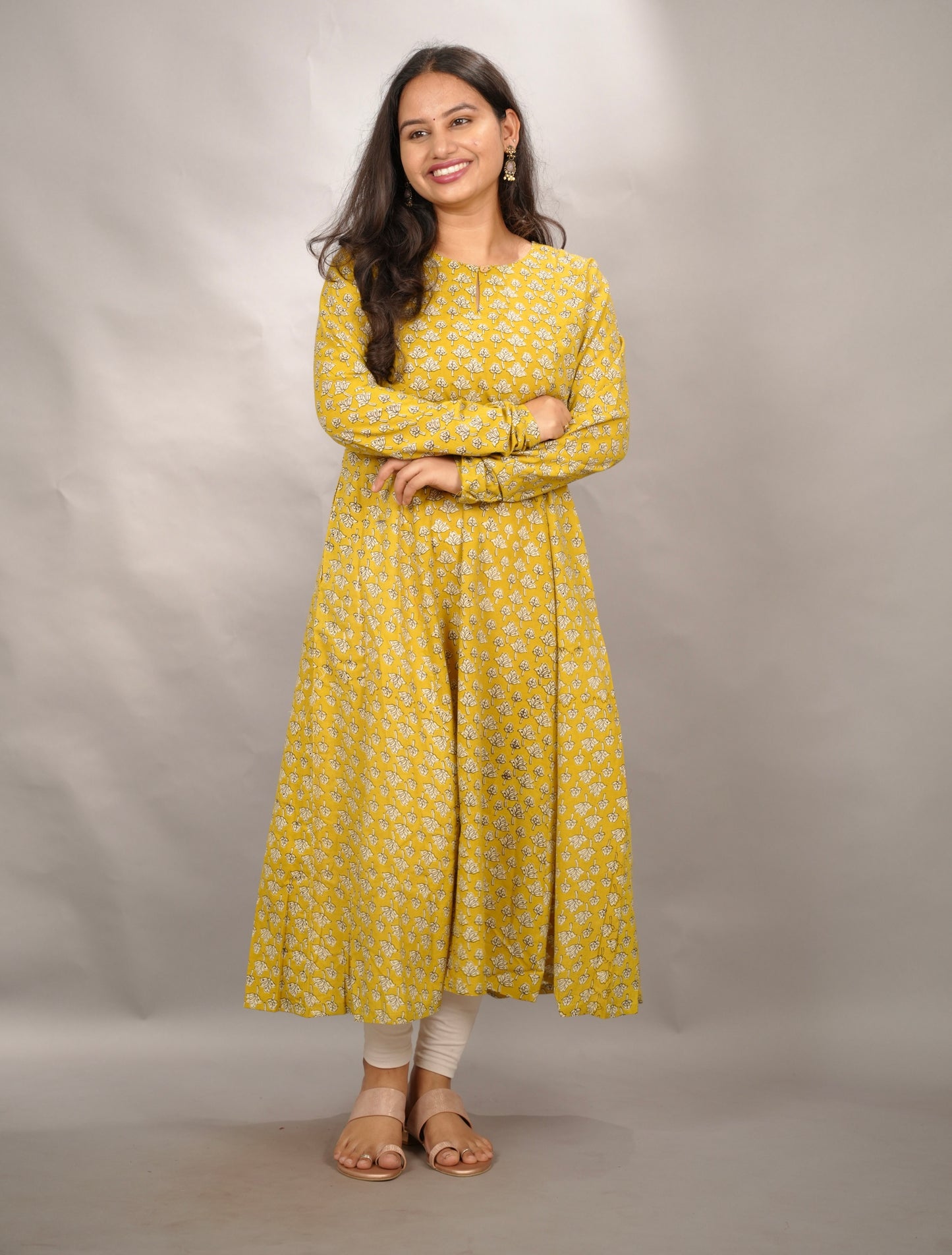 Mustard Pure Mul Cotton Kali Kurta with Chudi Sleeves | Looms & Tassels