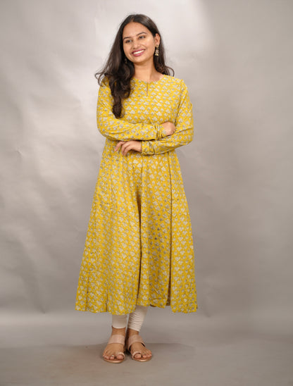Mustard Pure Mul Cotton Kali Kurta with Chudi Sleeves | Looms & Tassels