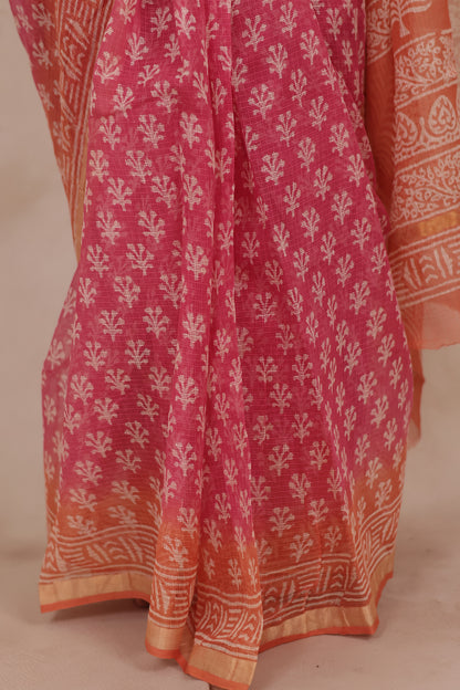 Pink Pure Kota Doria Saree with Bagru Handblock Prints | Looms & Tassels