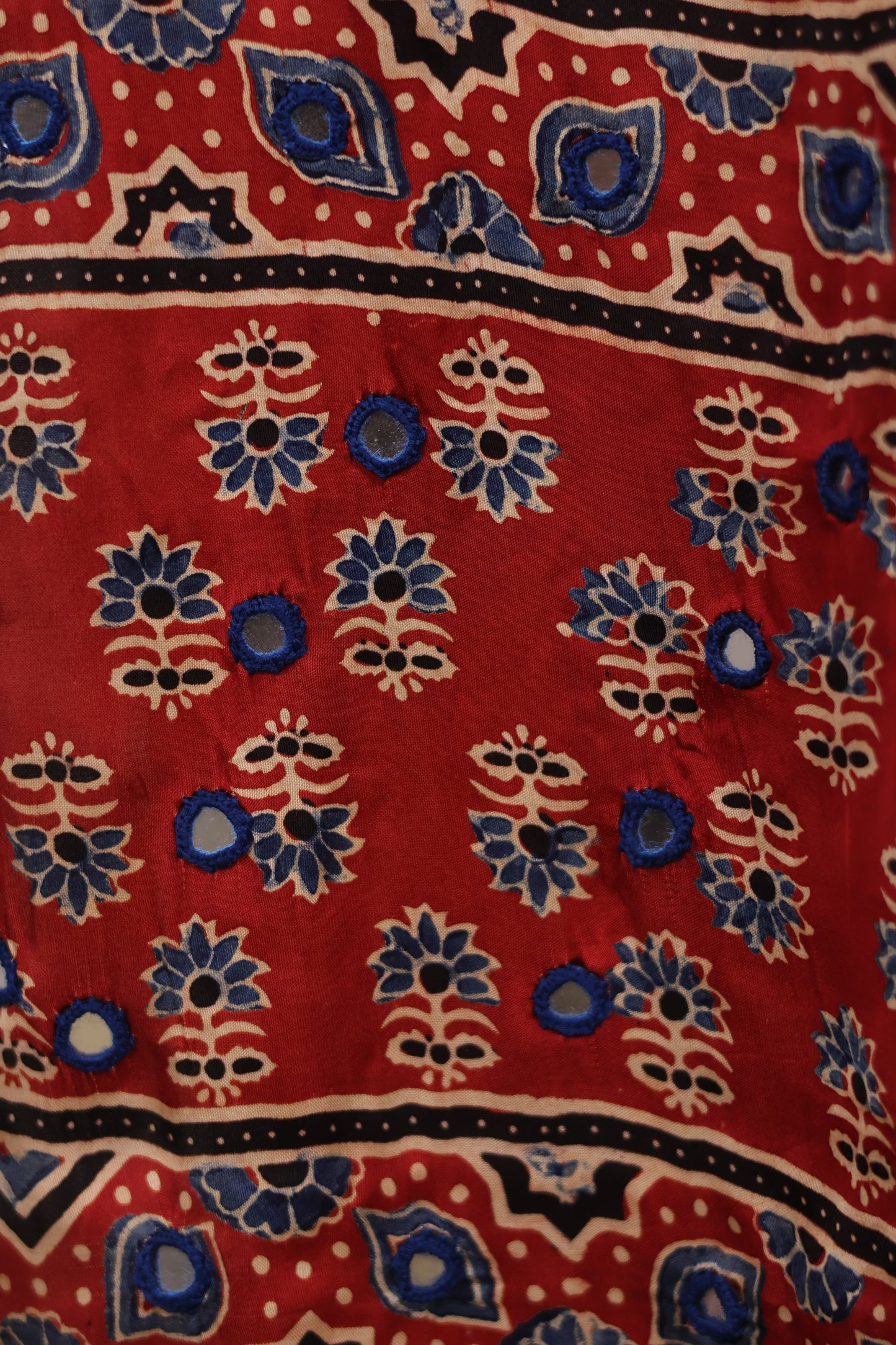 Red Handcrafted Ajrakh Modal Silk Saree with Authentic Banjara Mirror Work | Looms & Tassels