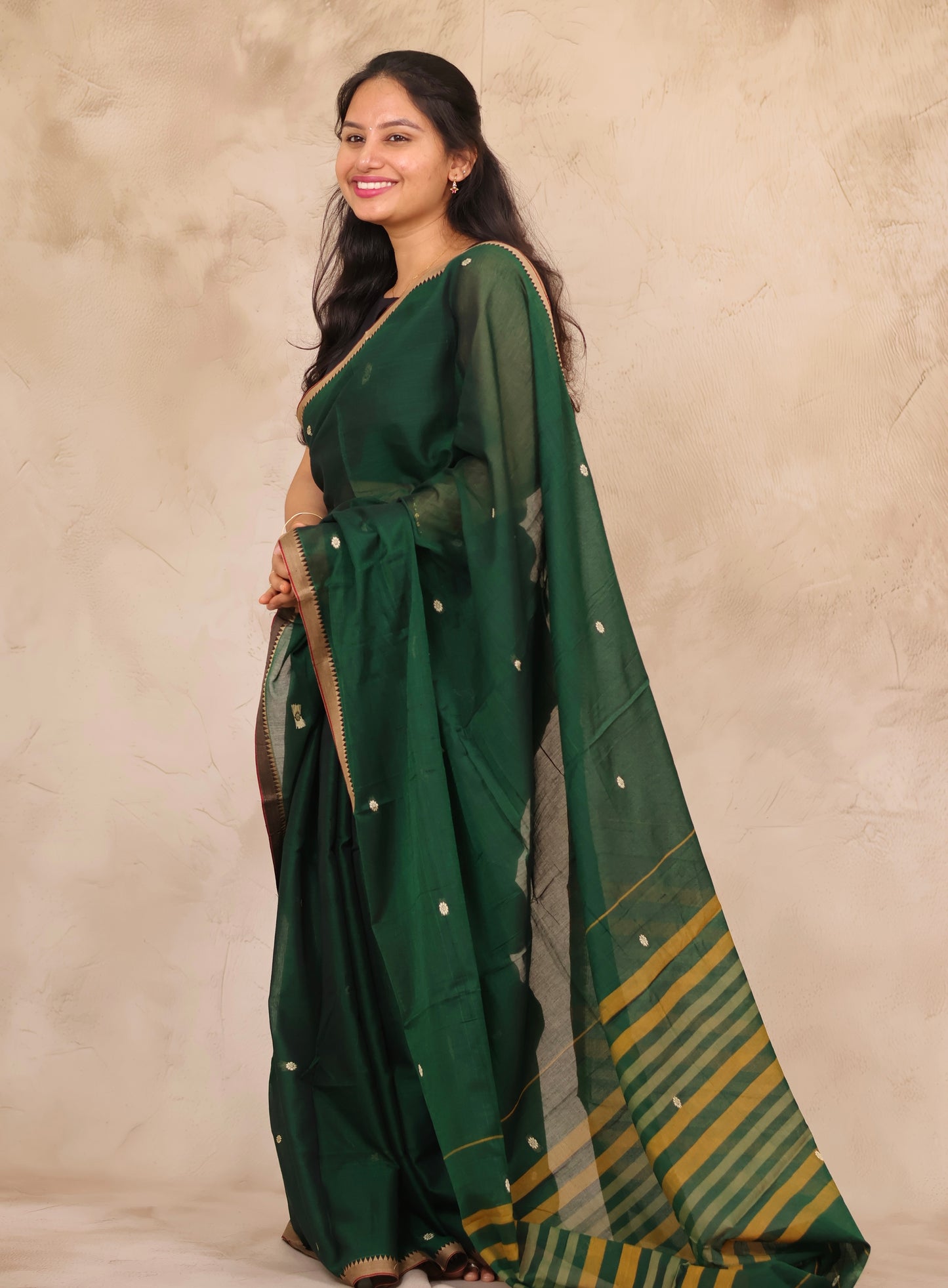 Green Narayanpet Cotton Saree With Butta Weaving | Looms & Tassels