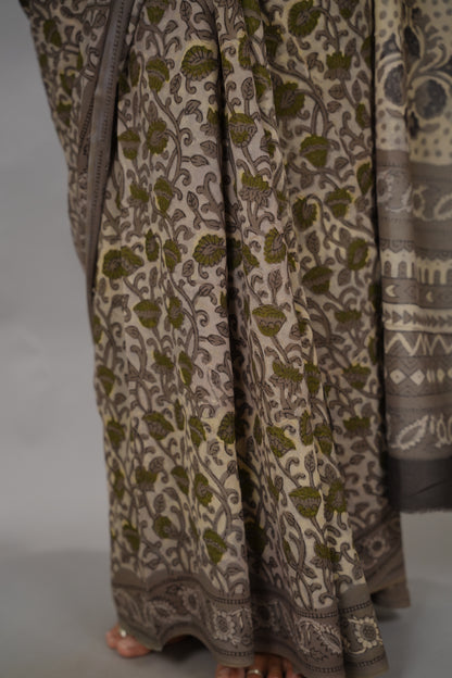 Grey Georgette Hand Block Printed Saree| Looms & Tassels