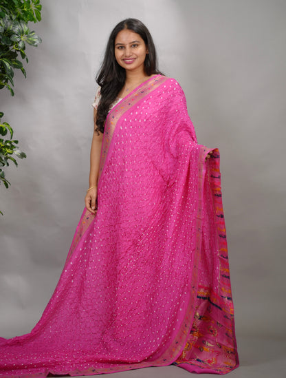 Pink Handcrafted Bandhani Paithani Dola Silk Saree | Looms & Tassels