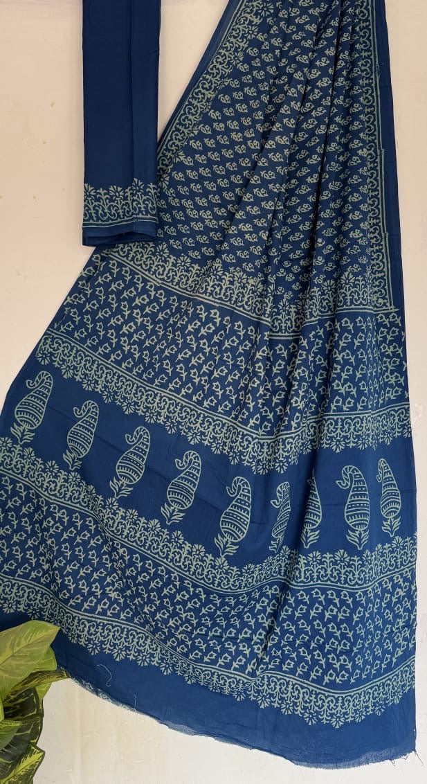 Blue Bagru Handblock printed MulMul cotton saree