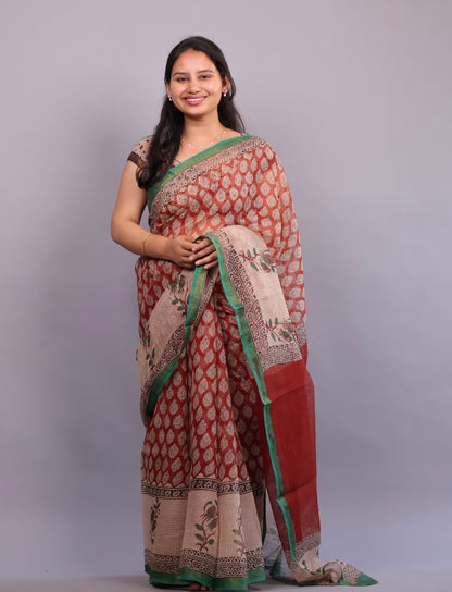 Pure Kota Doria Saree with Bagru Handblock Prints – Maroon | Looms&Tassels