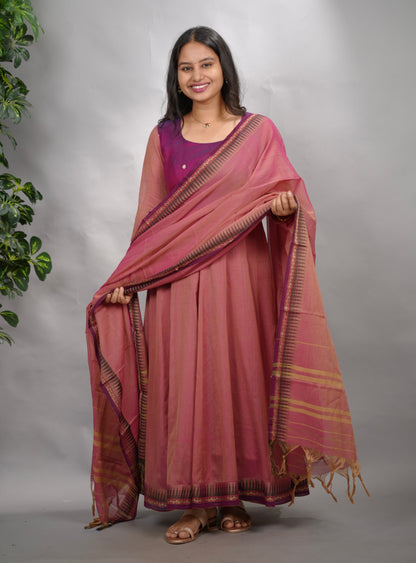 Duel shade Narayanpet Cotton Anarkali Dress with Narayanpet Dupatta | Looms & Tassels