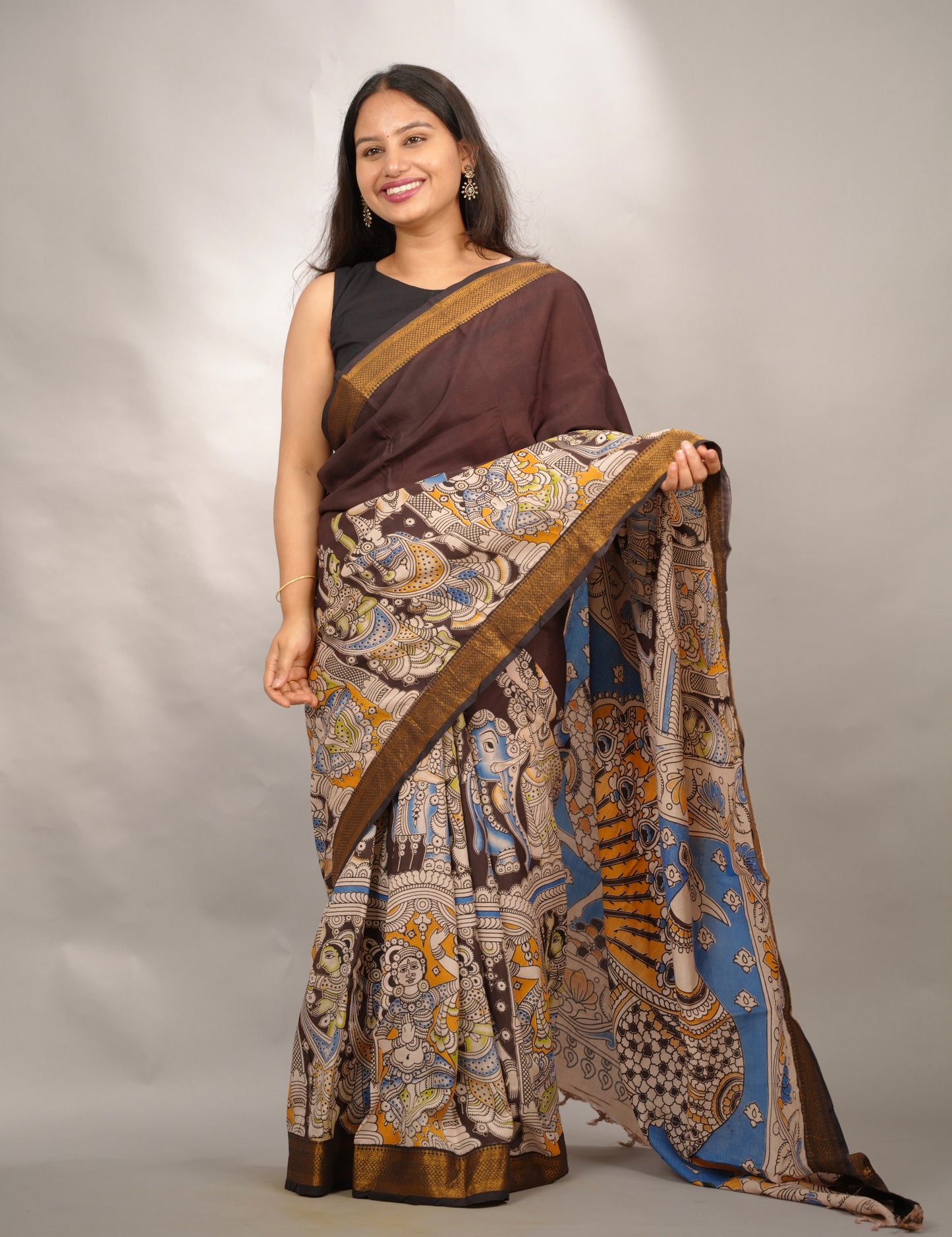 Brown Story Telling Kalamkari Nizam Border Chennur Silk Saree | Looms & Tassels