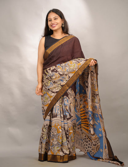 Brown Story Telling Kalamkari Nizam Border Chennur Silk Saree | Looms & Tassels
