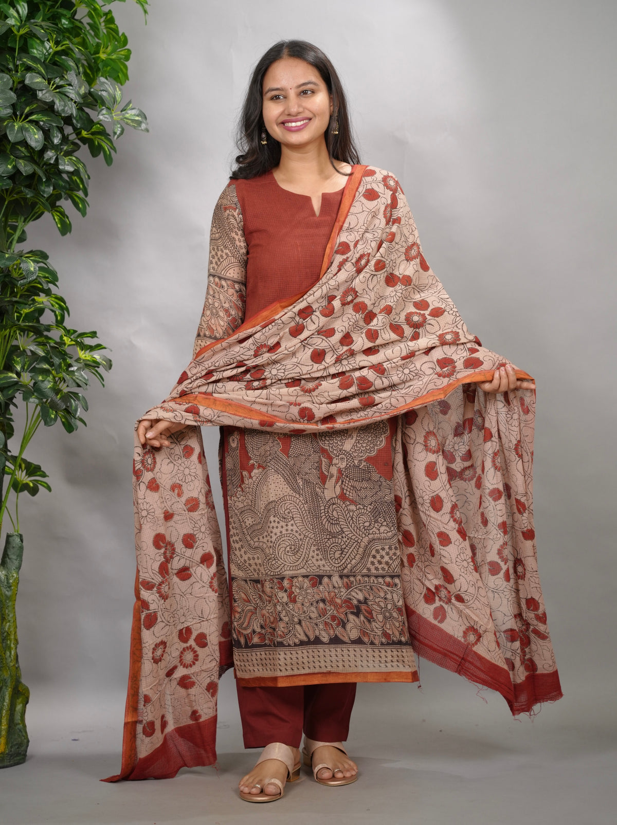 Maroon Kalamkari Kota Cotton 3 piece suit (stitched) | Looms & Tassels