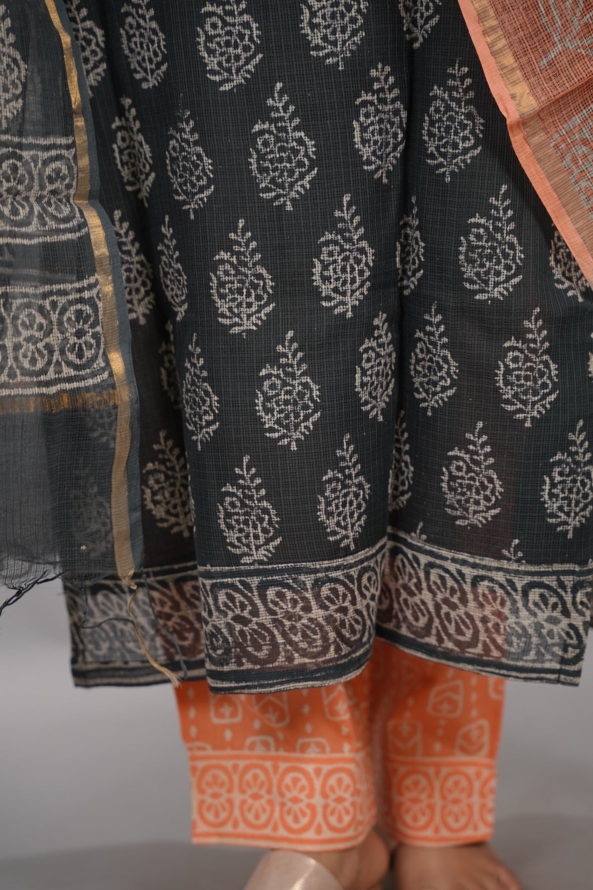 Grey & orange Handblock printed kota 3 piece suit (stitched)| Looms & Tassels
