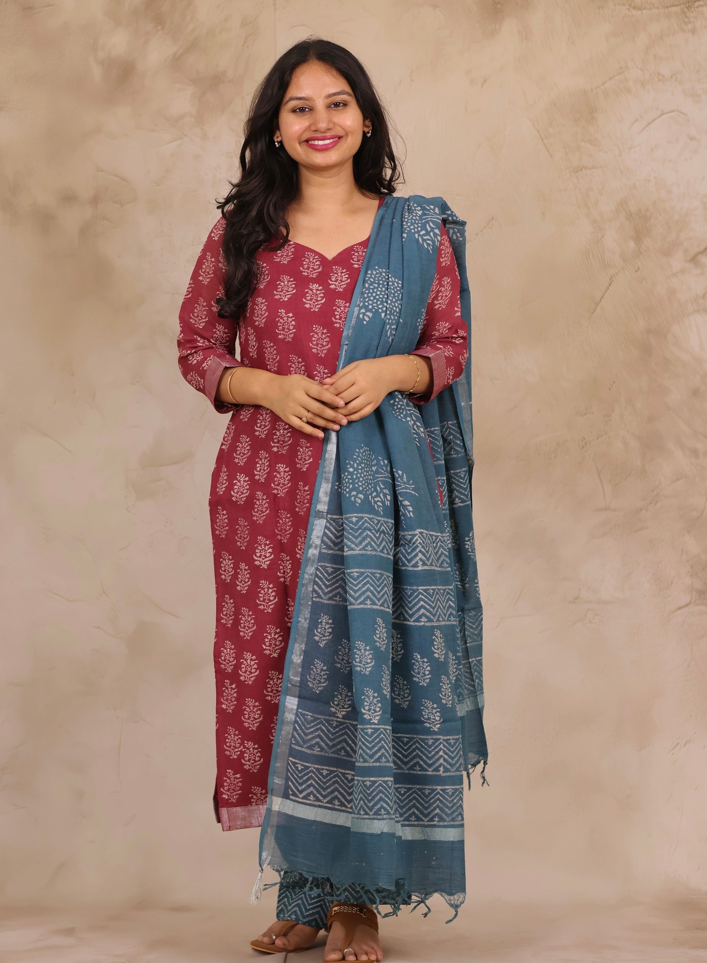 Dusty Rose Linen Cotton Handblock printed 3 piece suit (stitched)