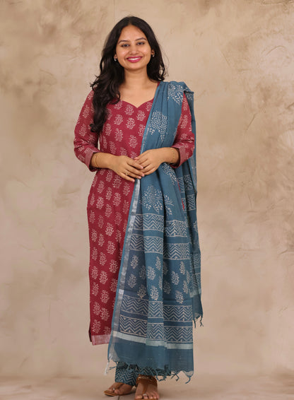 Dusty Rose Linen Cotton Handblock printed 3 piece suit (stitched)