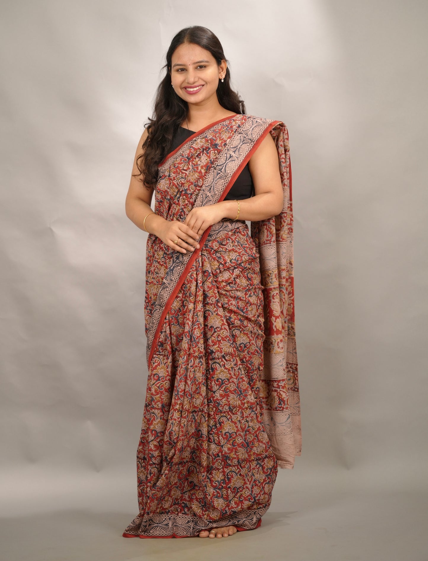 Red Hand Block Printed Kalamkari Cotton Saree | Looms & Tassels